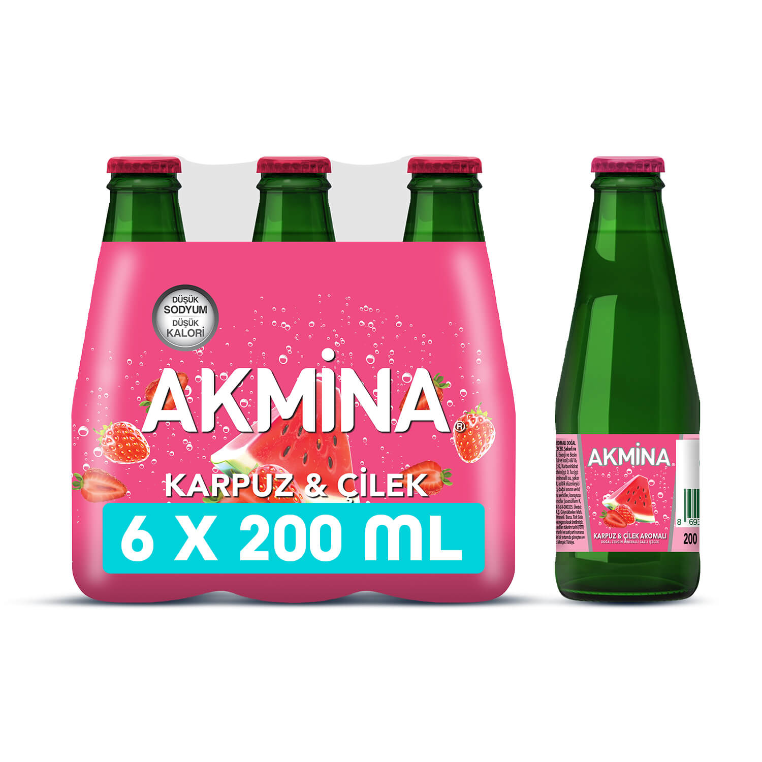 Akmina Karpuz Çilek Aromalı Maden Suyu 200 ml*6